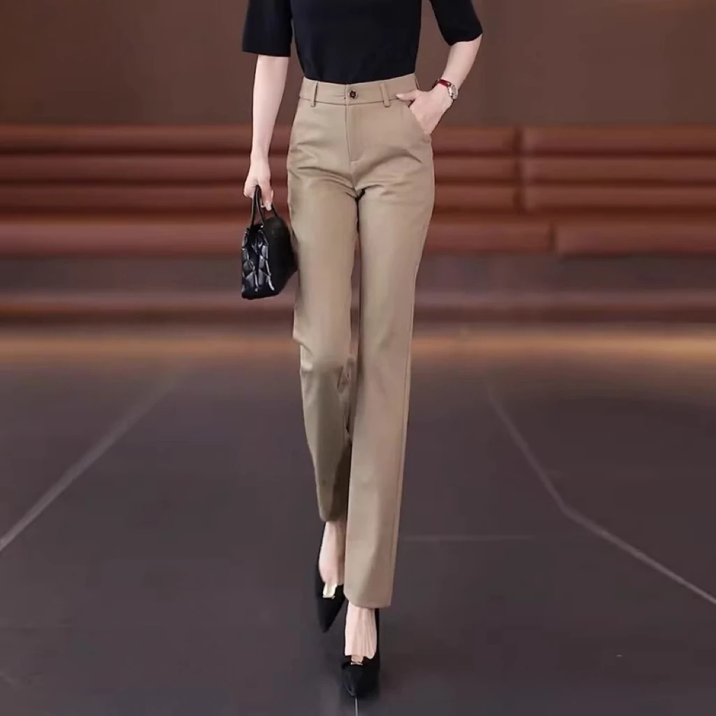 卡其色西装裤女2025春秋新款高腰显瘦垂感弹力直筒休闲九分烟管裤