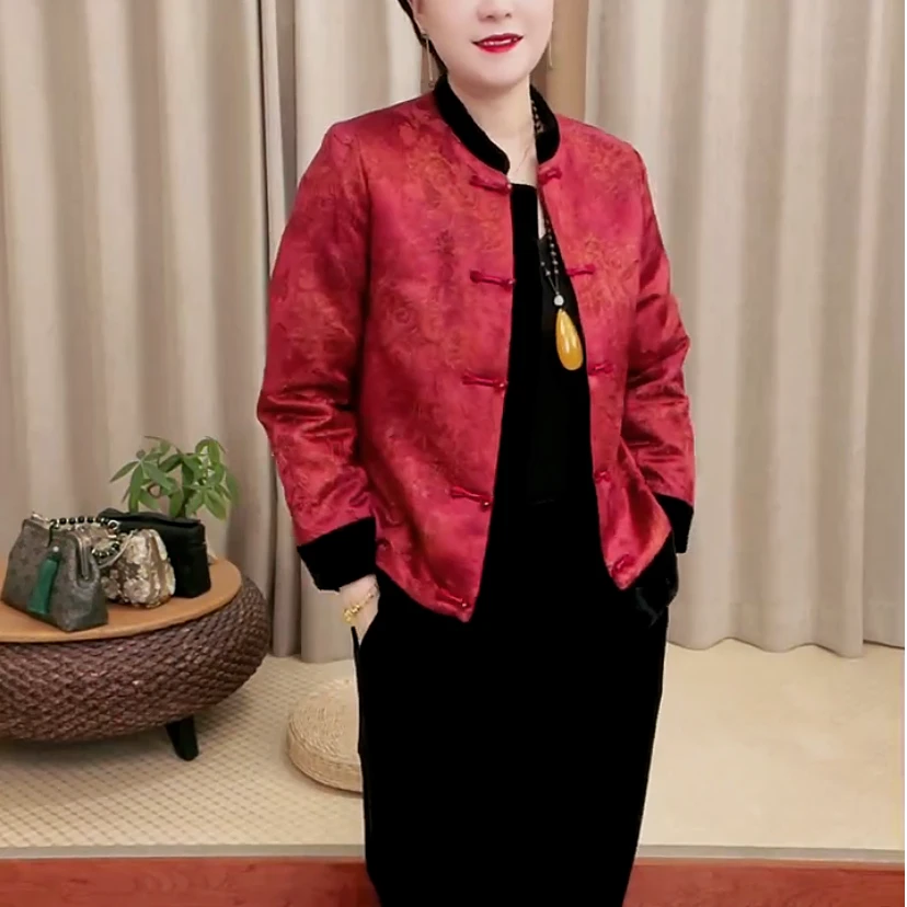 中国风复古休闲盘扣拼接丝绒边夹棉外套时尚冬季大码妈妈短款棉服