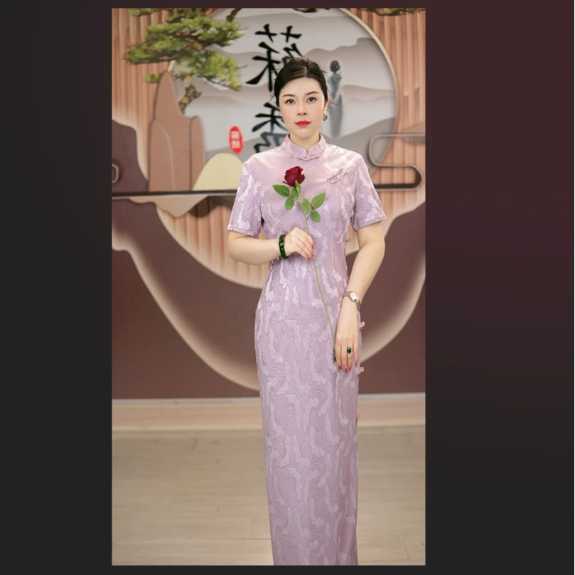 春季新款2025高端粉紫色优雅气质复古长款旗袍日常修身显瘦时尚