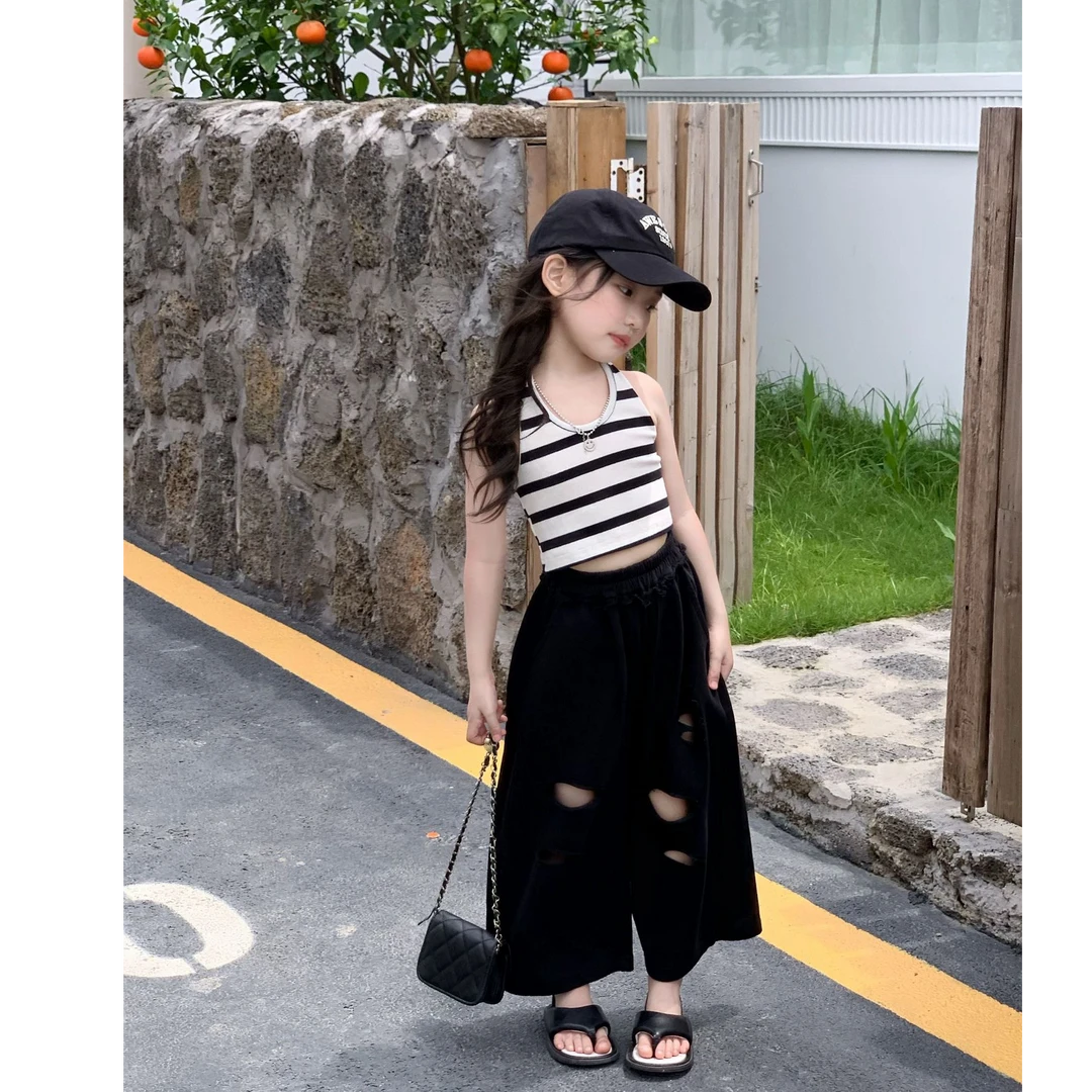 女童裤子2025夏季新款韩版休闲裤宽松破洞阔腿裤辣妹设计感裤子潮