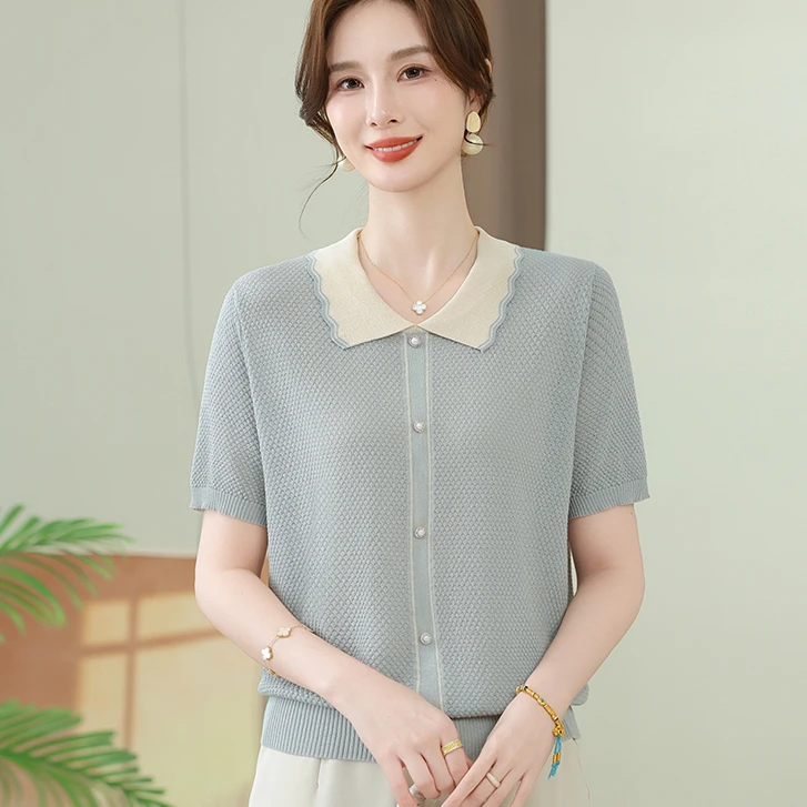 母亲节夏季新款短袖上衣妈妈夏装翻领针织冰丝小衫中老年宽松T恤