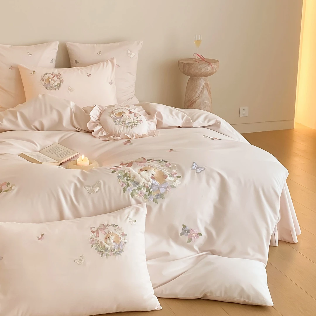 全棉贡缎长绒棉磨毛刺绣轻奢款四件套床品-猫咪花园