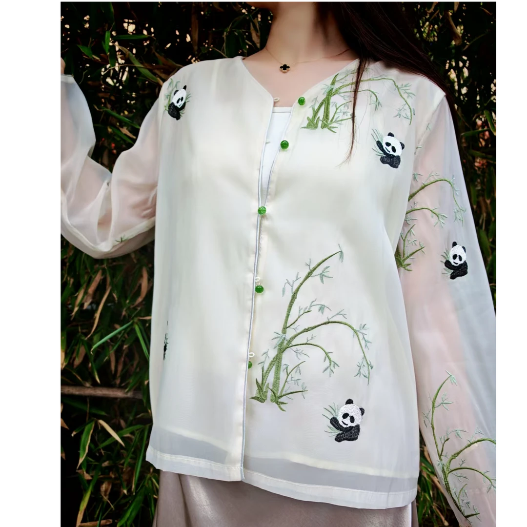 【司晨】新中式熊猫抱竹刺绣，中式清新感薄款开衫