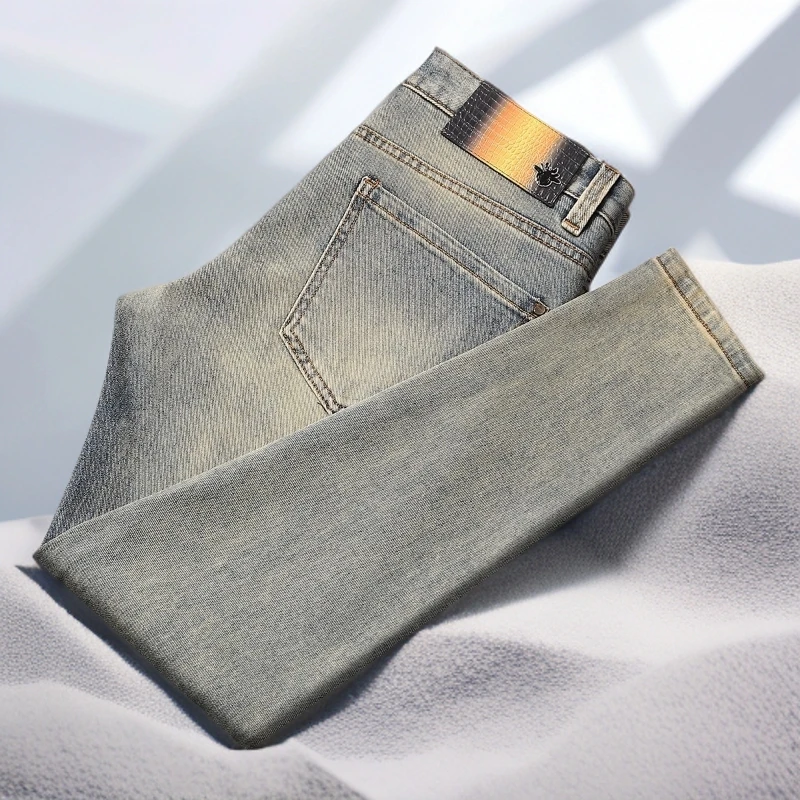 宾斯洛特怀旧蓝牛仔裤男薄款夏季复古做旧修身弹力小直筒长裤男士