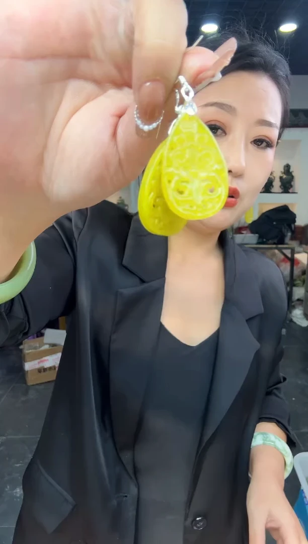 【闪购商品】岫玉耳坠银S925镶嵌黄金玉耳坠镂空