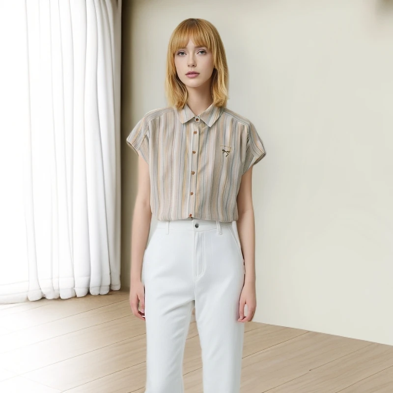 【王雪糕专属】茵曼文艺条纹短袖连袖舒适衬衣F18525378