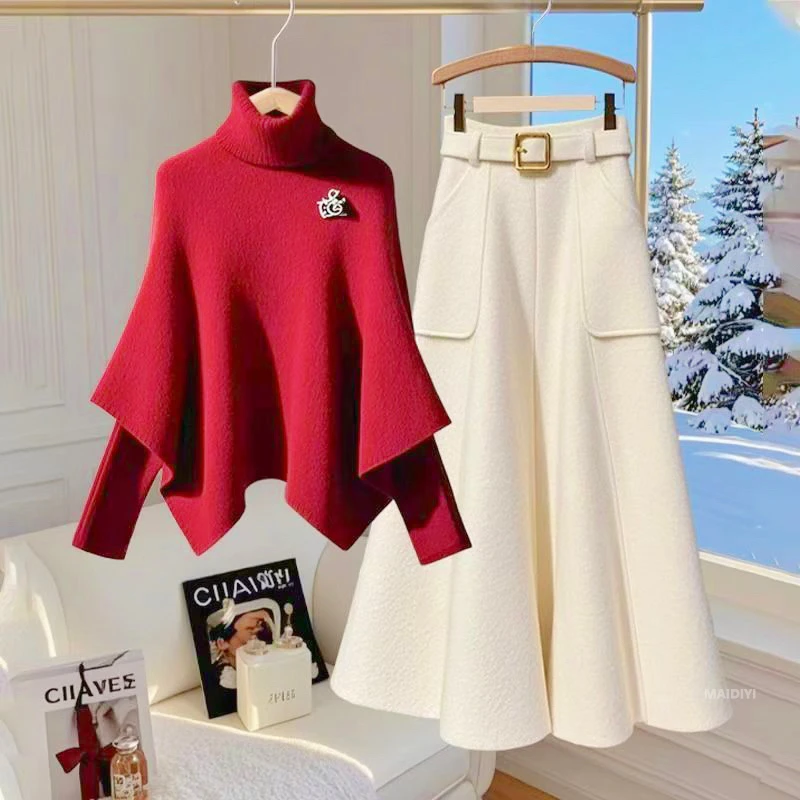 3863+3891一整套高级感春节红色高领斗篷毛衣半身裙两件套