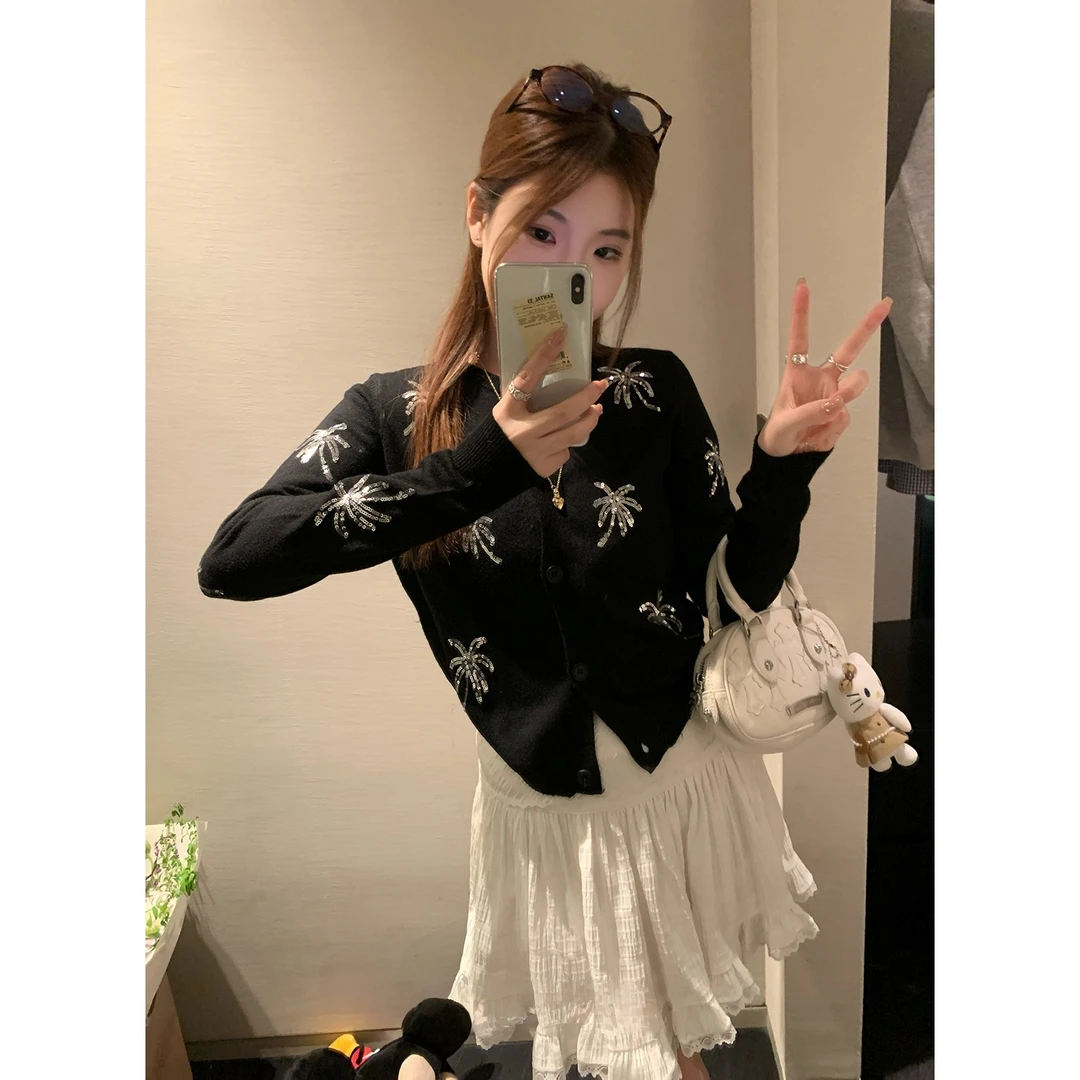 FCY studio黑色亮片毛衣开衫女2025秋冬薄款百搭短款毛衣外套