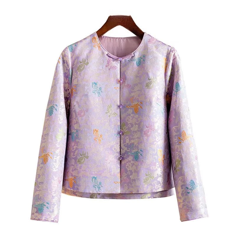 2025新款云锦提花桑蚕丝外套女撞色单排扣洋气时尚圆领真丝上衣