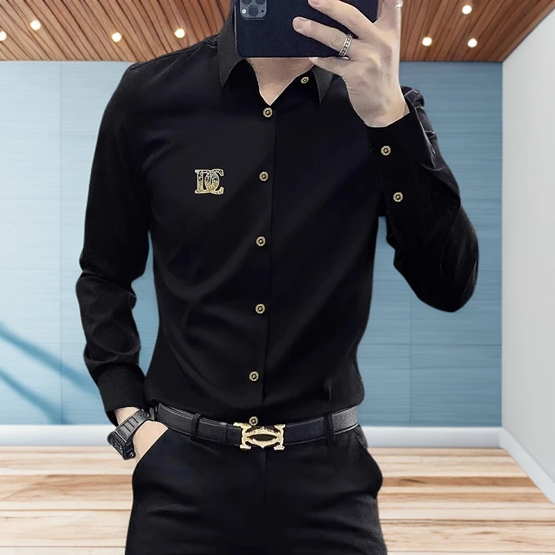 GUNEBOLURWA免烫衬衫男长袖秋季新款欧洲站修身商务休闲烫钻衬衣