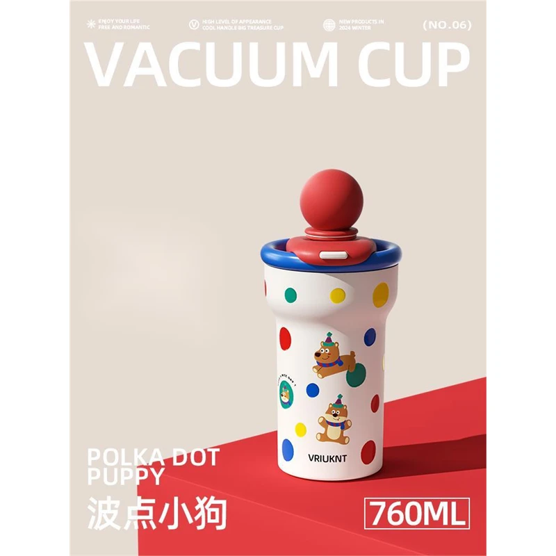 波点保温杯女生高颜值新款大容量吸管杯子学生不锈钢便携半
