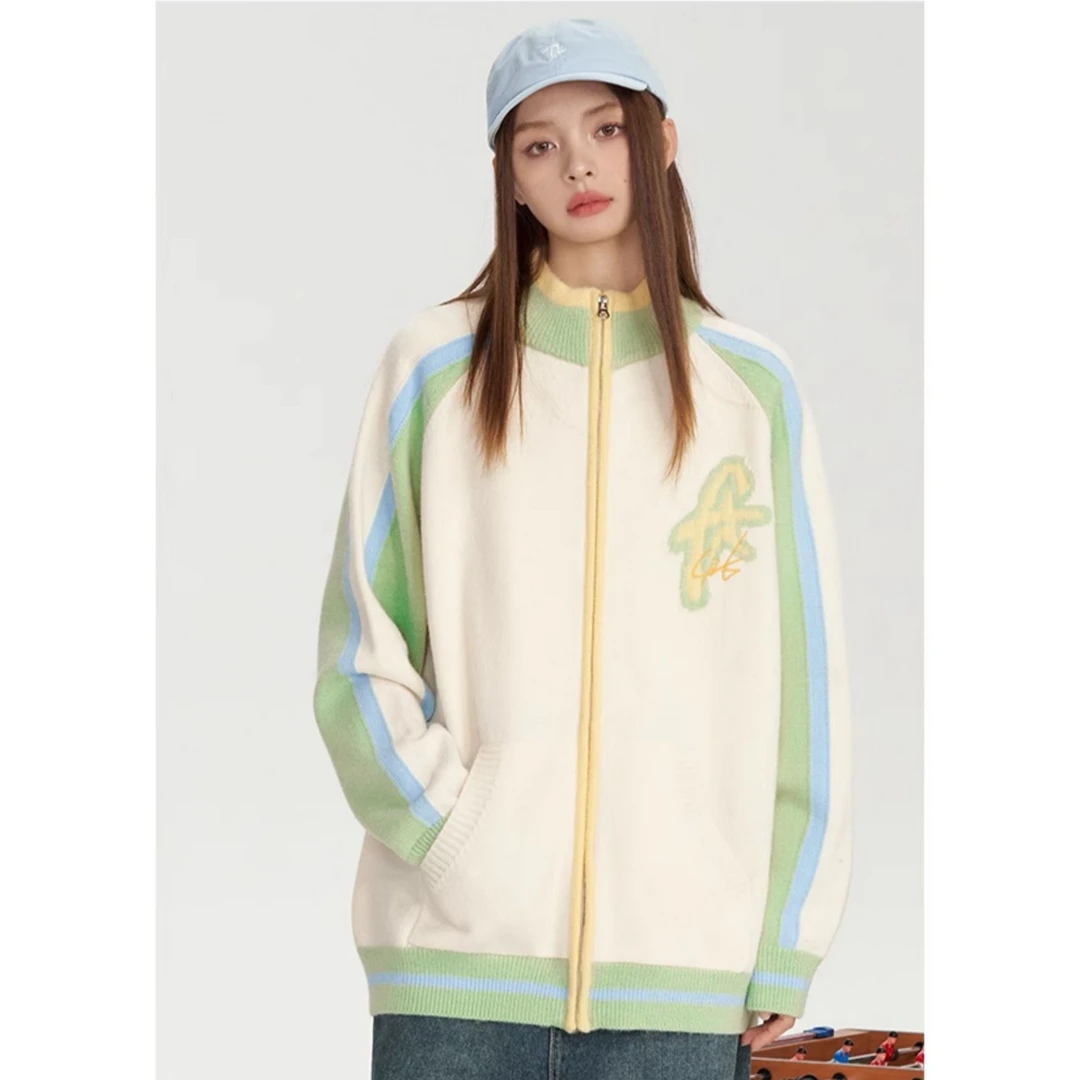 F426国潮牌秋季情侣时尚拼接插肩袖针织毛衣开衫运动休闲外套5496