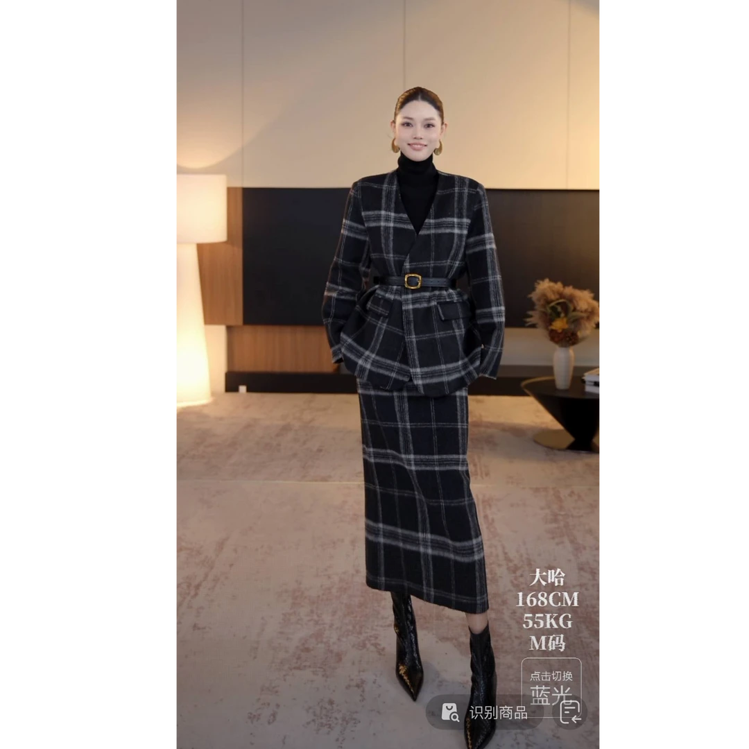 DENGDAHA「经典穿搭」英伦风 格纹外套半身裙时尚套装HBZWW918484