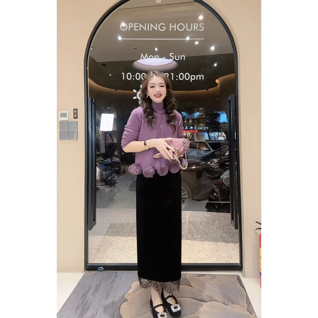 涵儿家 冬季毛球亮丝背心毛衫+高领打底衣 VS 松紧蕾丝拼丝绒半裙