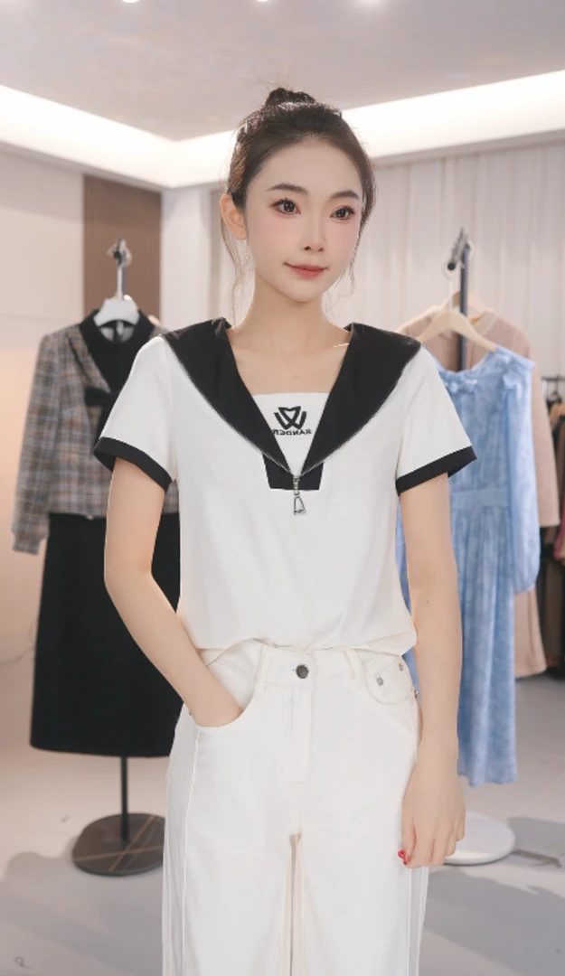 Z8185新品春夏拼接气质上衣女百搭显瘦短袖T恤女时尚