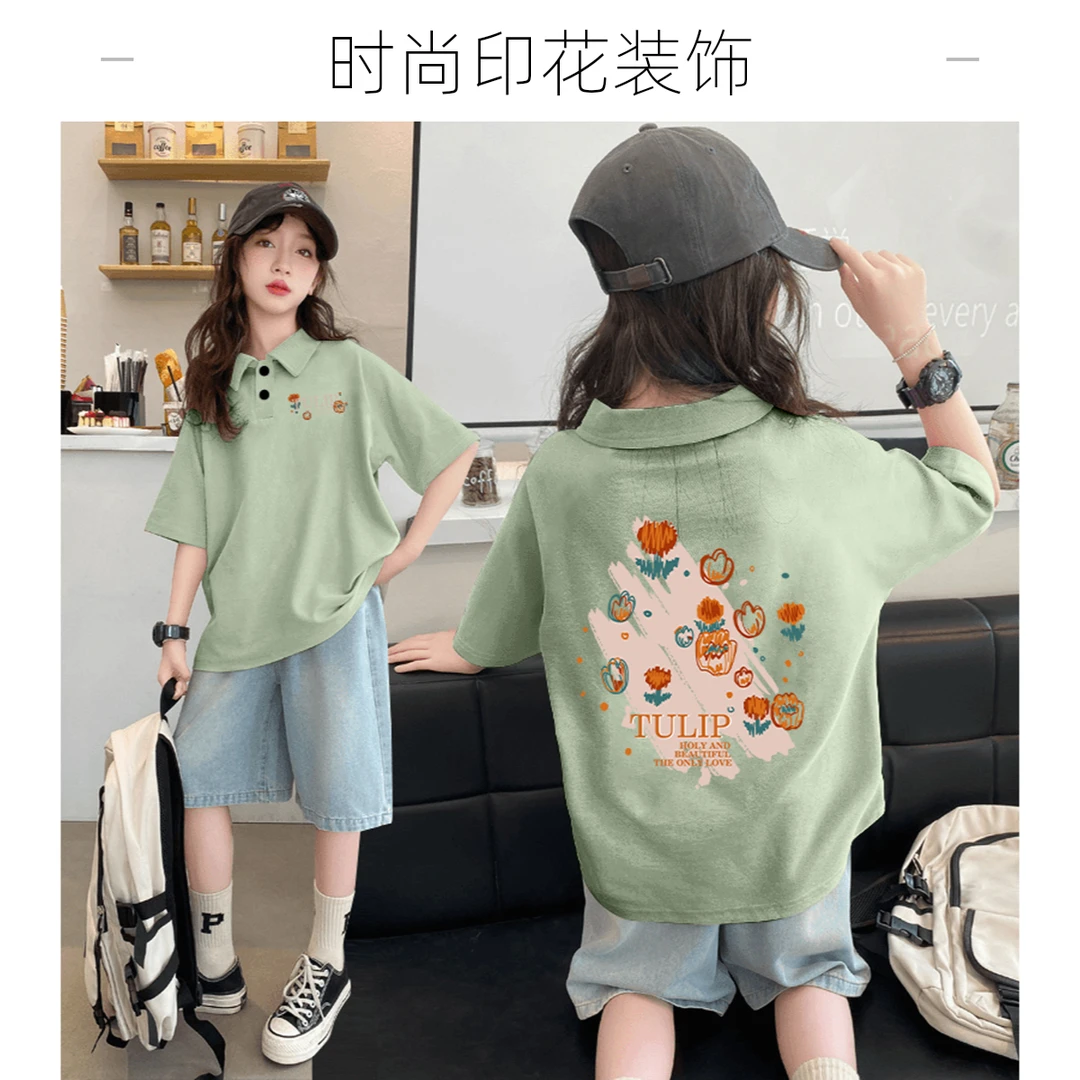 女童短袖POLO衫2025夏季新款中大童韩版时尚洋气卡通娃娃领短袖T