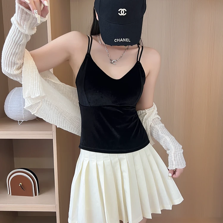 高定丝绒蕾丝吊带背心外穿内搭简约修身一体式网红吊带抹胸百搭女