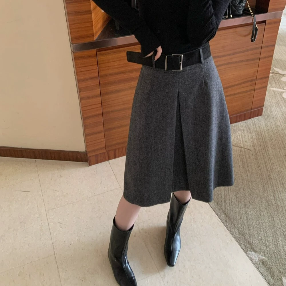 韩版高腰显瘦毛呢灰色a字半身裙女百搭休闲中裙大码秋冬中长裙子