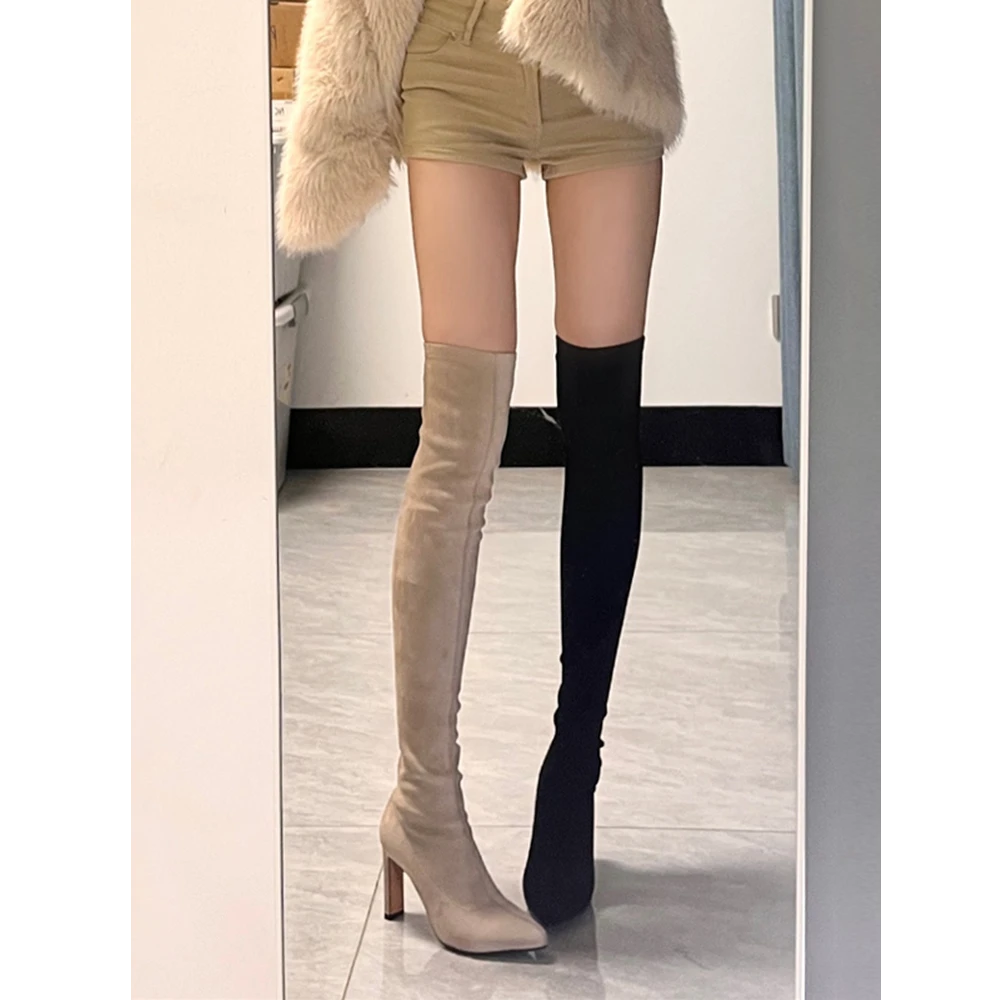 高跟长筒靴女2025年新款瘦瘦靴粗跟过膝长靴显瘦小个子高筒弹力靴