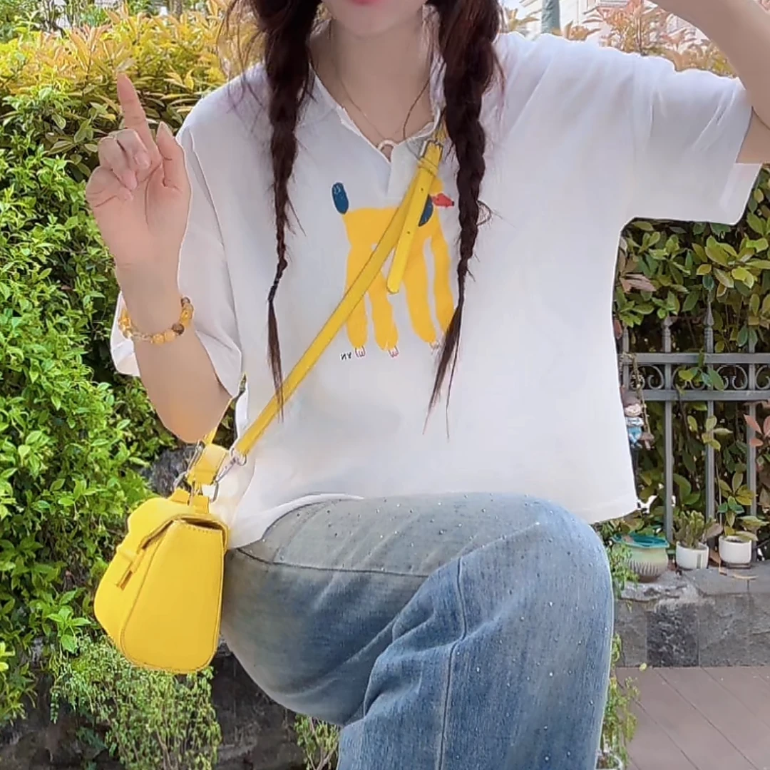 设计感时尚卡通印花POLO短袖T恤女2025夏季新款学院风减龄上衣