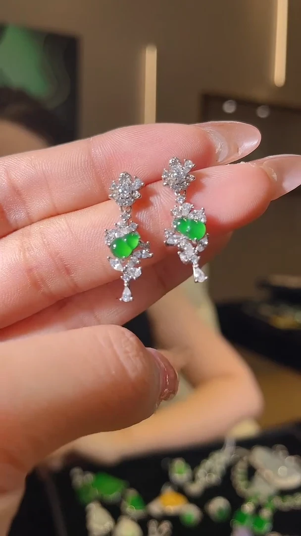 翡翠银S925镶嵌耳饰天然翡翠A货