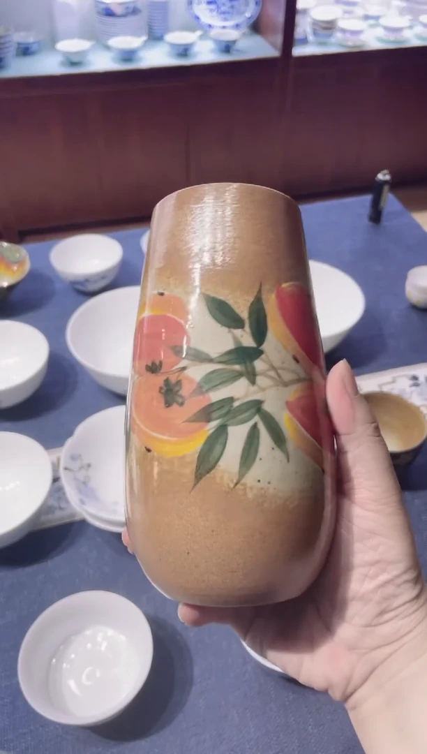 杯景德镇高温老陶泥手绘花插瓶柿子