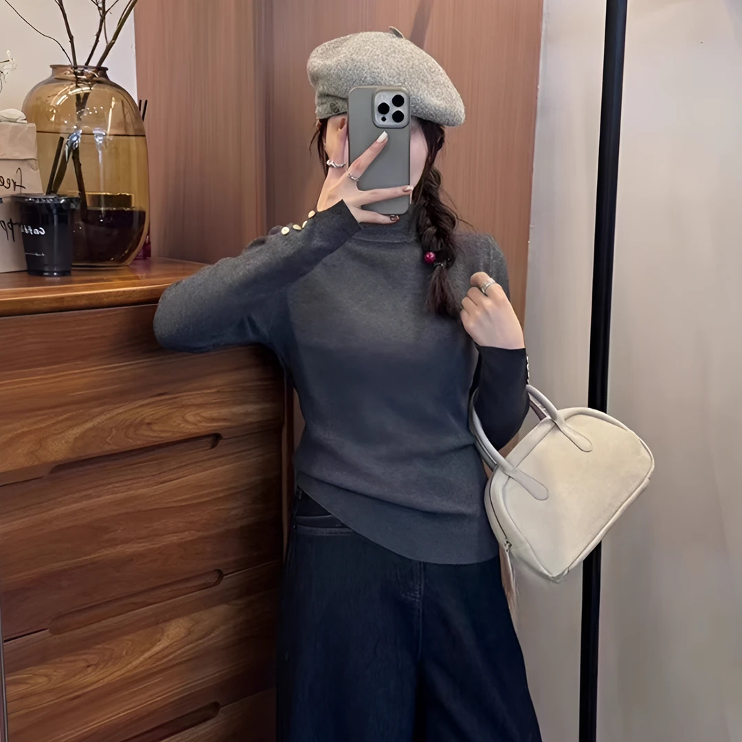 2025春季新款韩版简约纽扣半高领针织衫毛衣女打底衫上衣G5-53