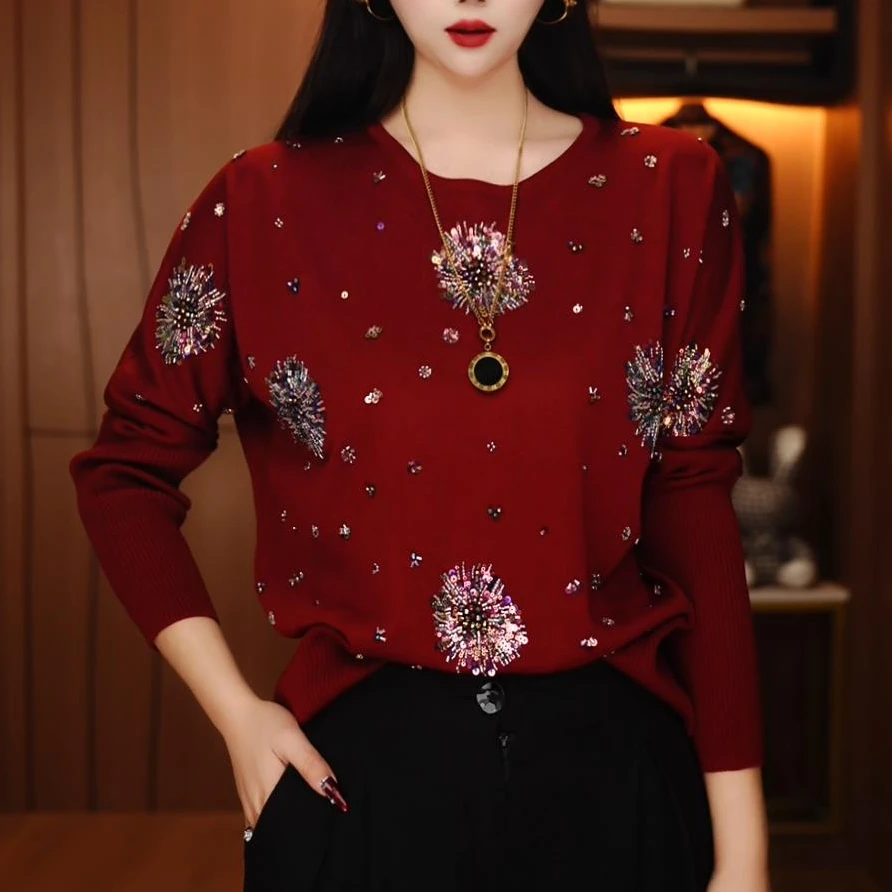 C250074-秋冬保暖毛衣抗起球高端显瘦减龄洋气宽松女士气质时尚