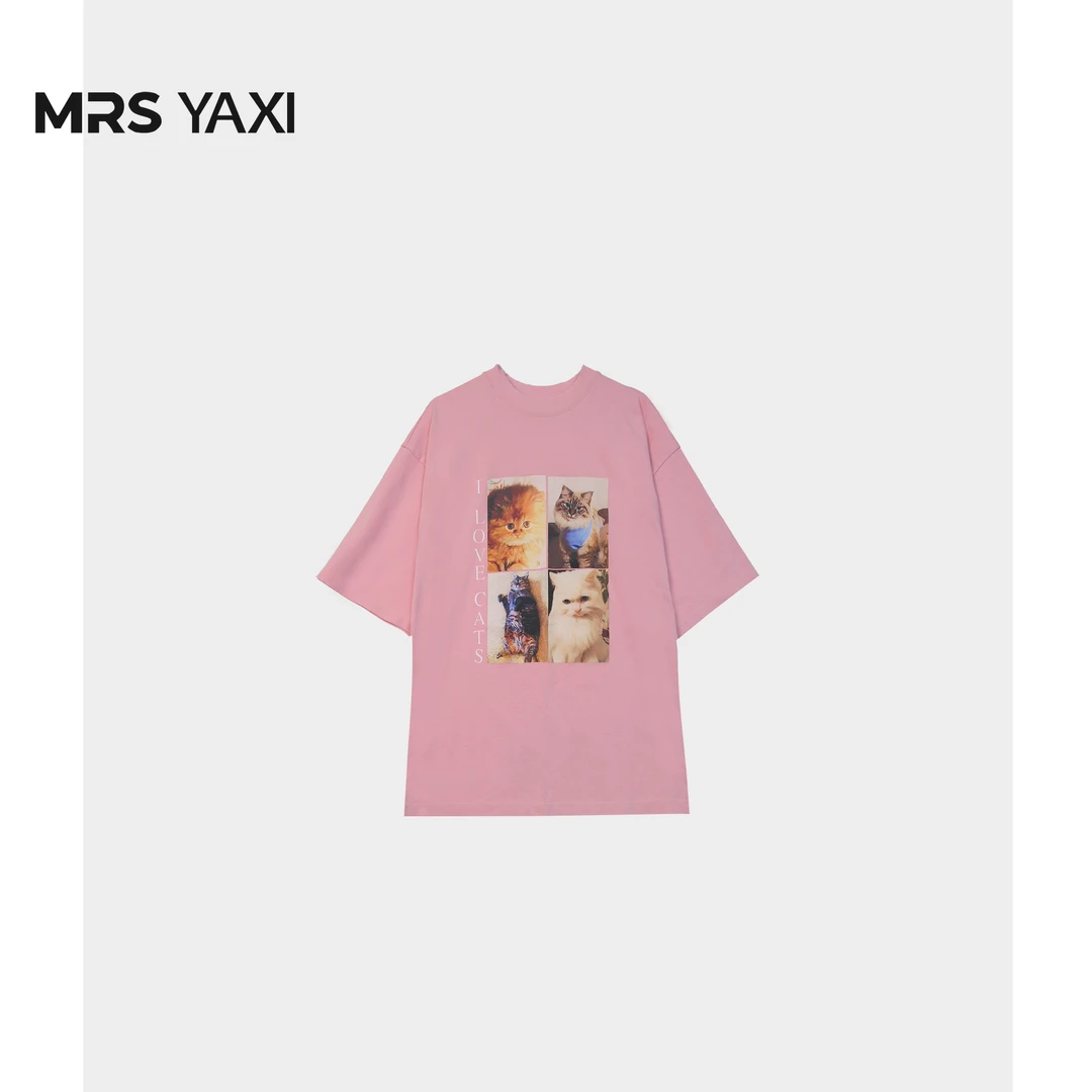 Mrsyaxi高品质樱花粉小猫咪宽松版短袖T恤YX5060304