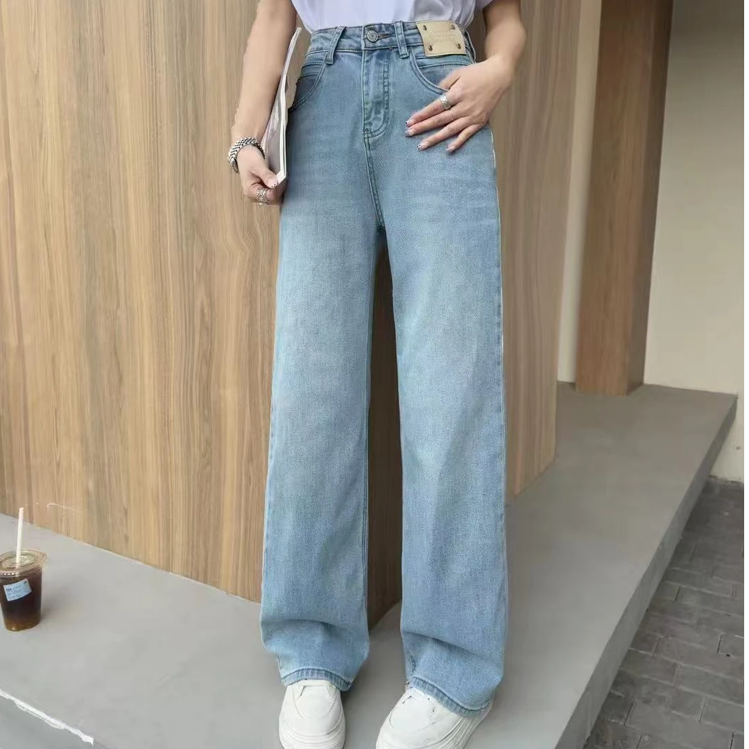 2025新款春装中腰薄款高腰性感阔腿裤牛仔裤直筒裤子宽松蓝色休闲