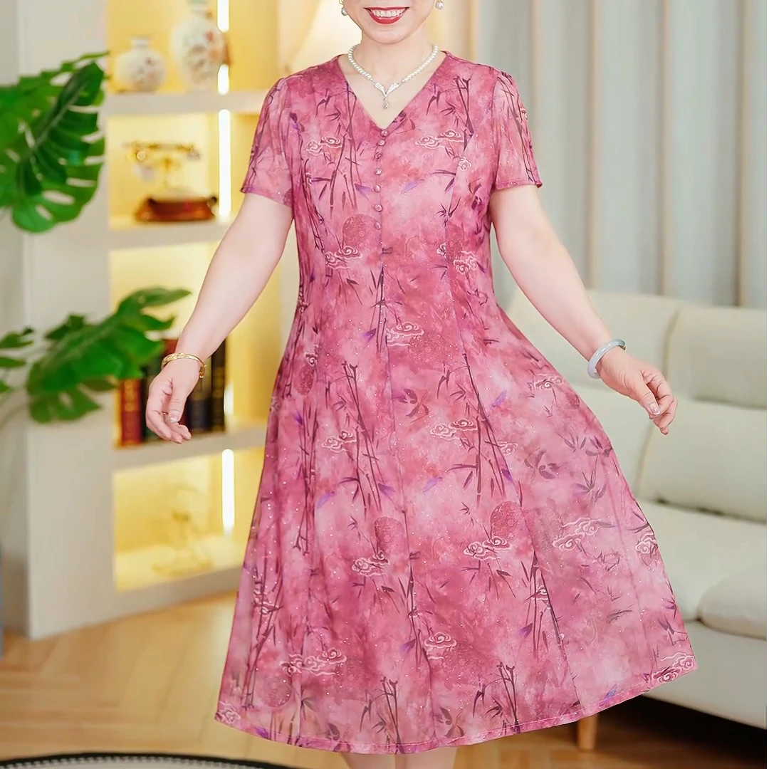 妈妈装夏季气质连衣裙2025新款洋气薄款中老年女装裙子v领中长款
