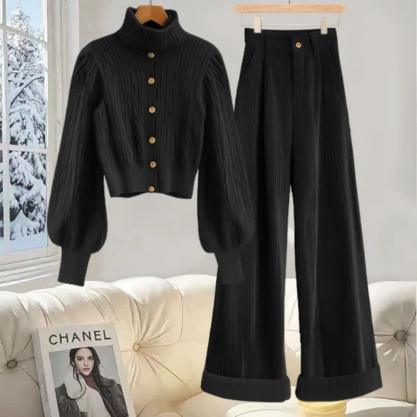 2024秋冬季大码胖mm巨显瘦套装黑色高领毛衣灯芯绒阔腿裤两件套女