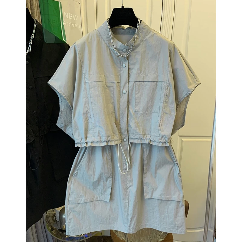 0500欧货超好看假两件工装风连衣裙子女假两件气质小个子短裙夏装