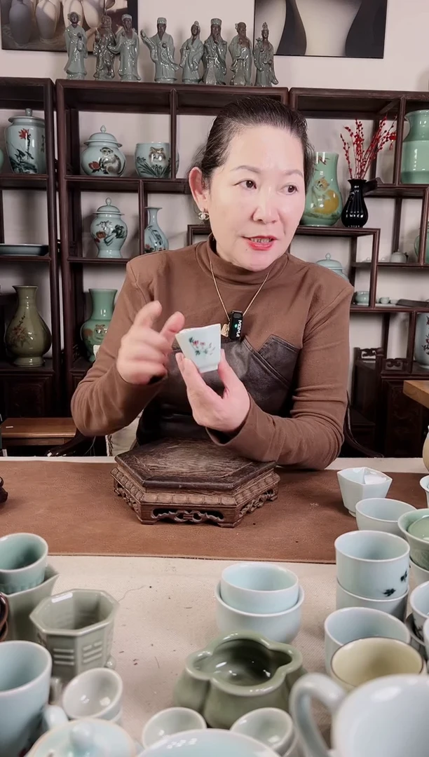 釉中彩 牵牛花画 四方杯