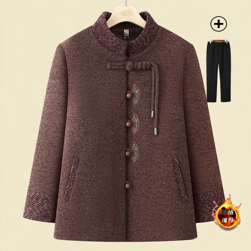 新中式奶奶冬装毛呢外套加绒保暖洋气老太太唐装上衣加厚妈妈衣服