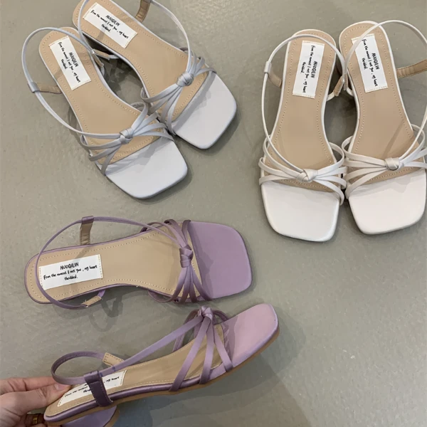 NQL-1068-2粗跟法式露趾凉鞋新款配裙子仙女风细带罗马鞋银色女鞋