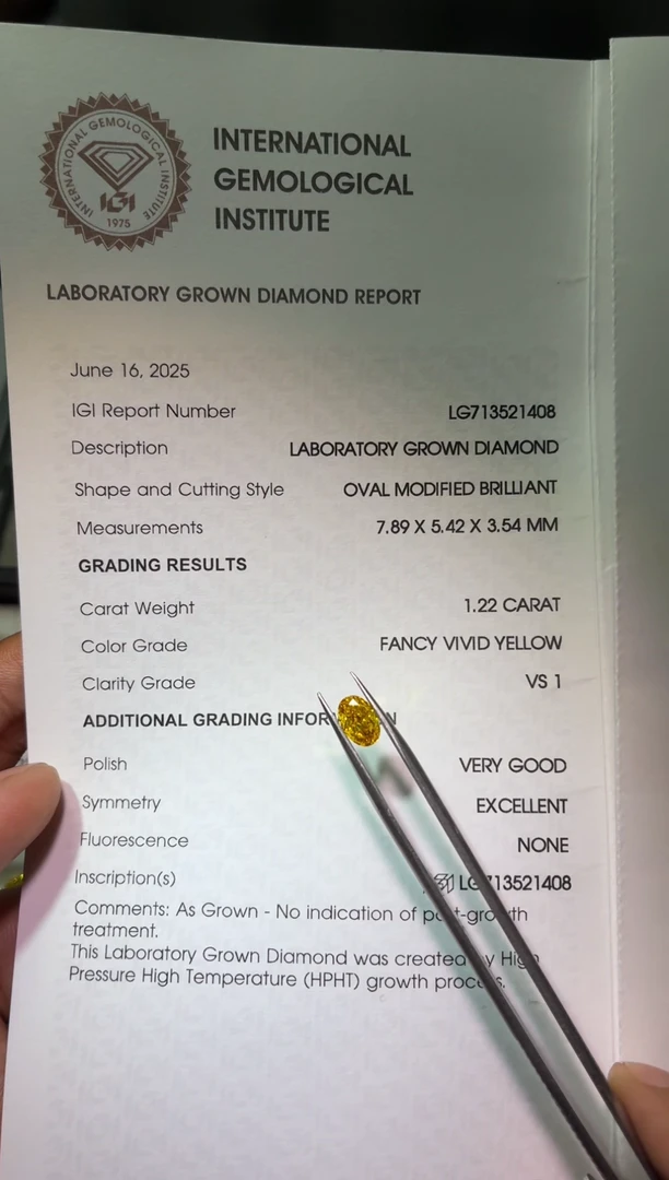 裸石实验室培育钻石1.22ct 黄 椭圆 LG713521408