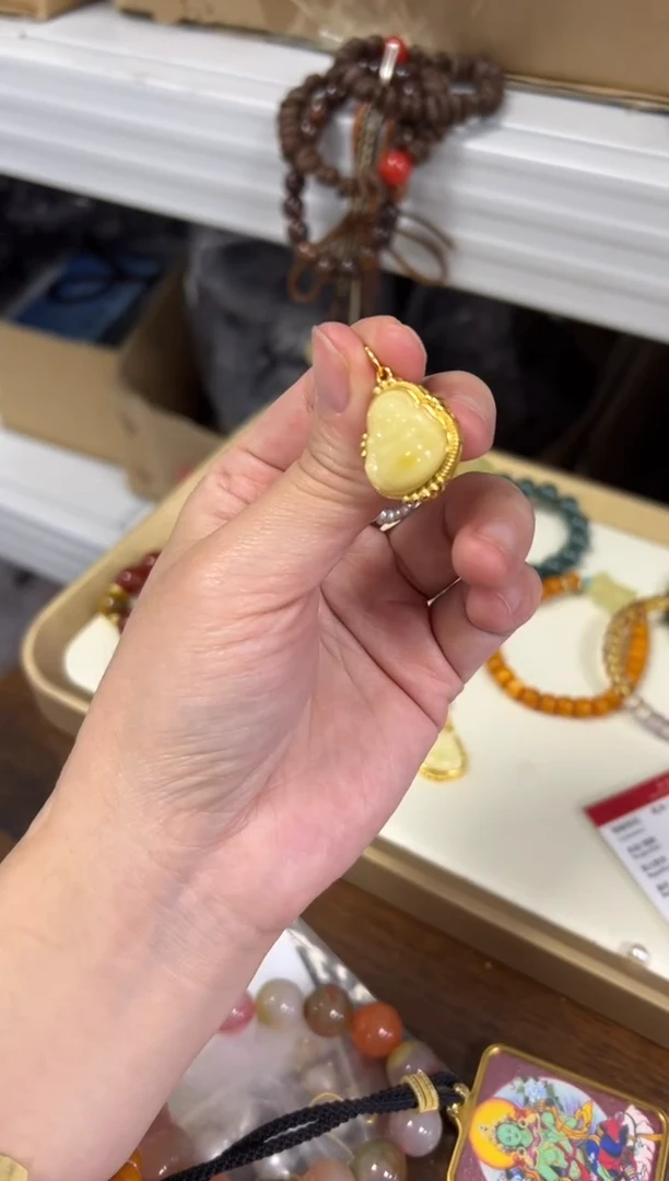 银S925镶嵌蜜蜡手链孤品白蜜蜡佛公银吊坠[0707]