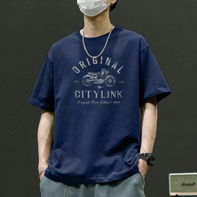 夏季潮牌重磅100%纯棉男士短袖T恤美式印花宽松圆领半袖大码上衣