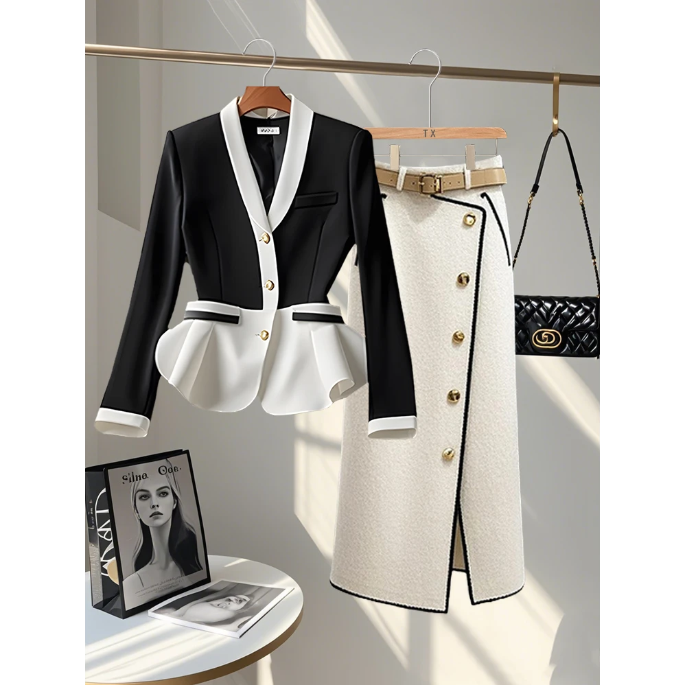 早秋新款法式时髦轻奢穿搭套装职场简约气质长袖小衫女半身裙套装