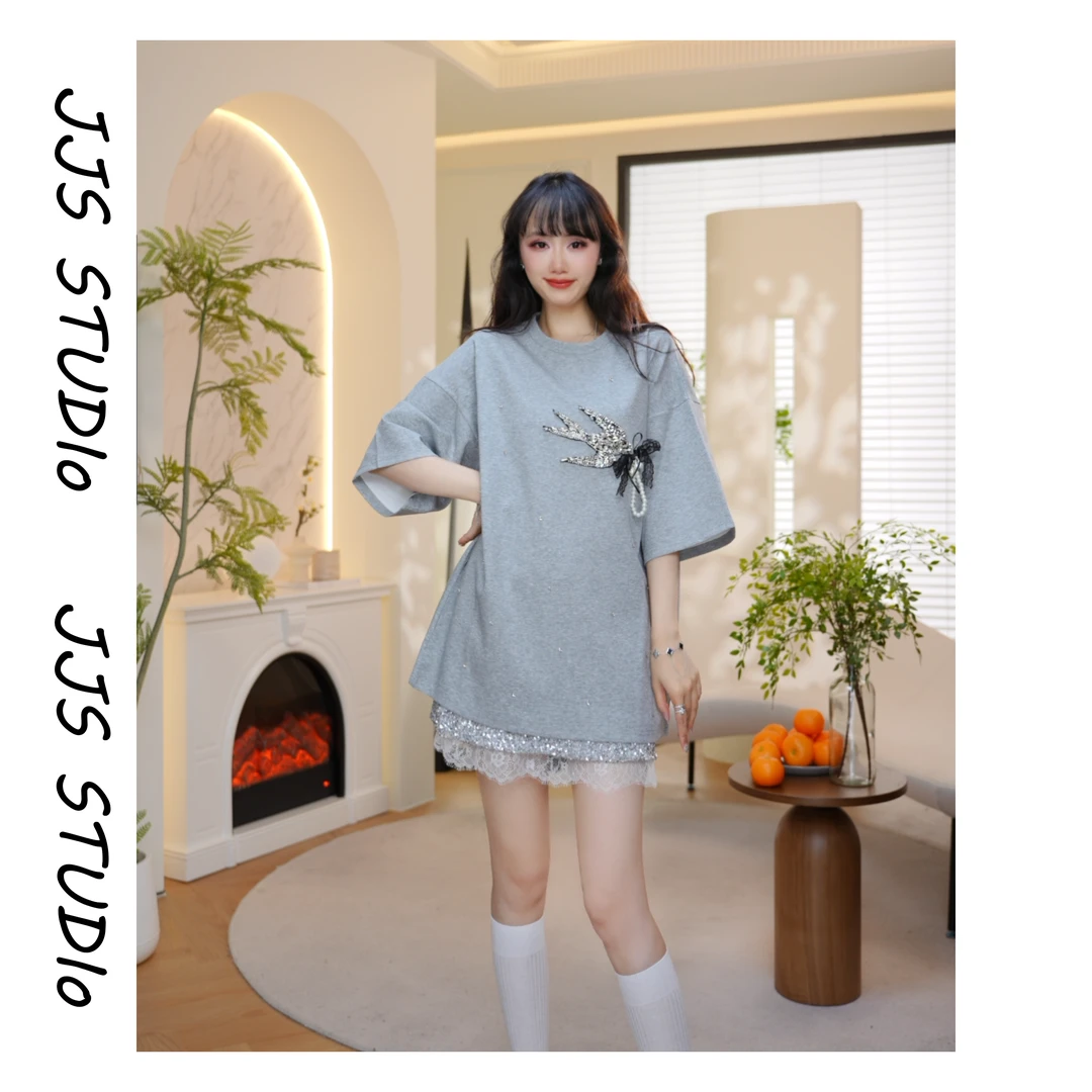 『珠翎流光』2025早春百搭简约中长款宽松小众设计师春夏短袖T裙