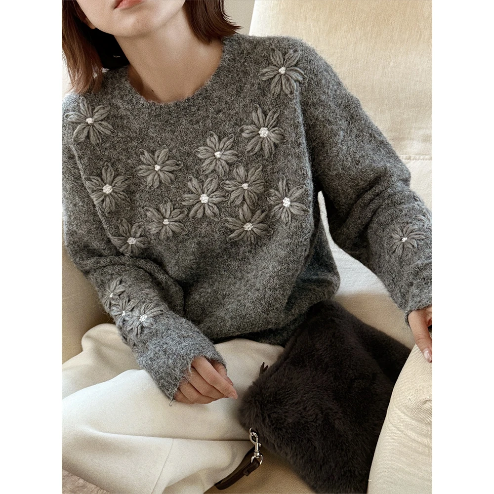 【唐悠悠mgdm】295g重工手工钩花!泡菜绵羊毛纱线立体钉珠套头毛衣