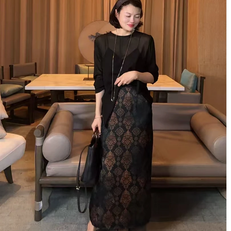 TANTAN 真丝香云纱百搭显瘦印花气质半裙1540