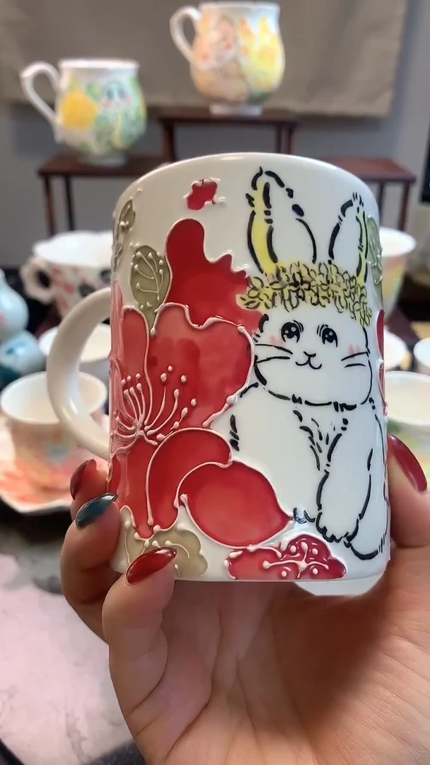 一味*手绘*山茶花兔