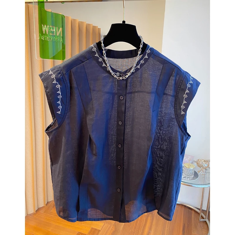 独特漂亮刺绣无袖衬衫女2025新款宽松时尚洋气白色薄款小衫上衣夏