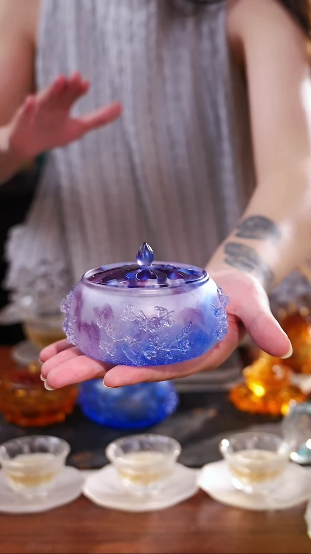 王*大古法琉璃蓝紫色梅花小号香炉