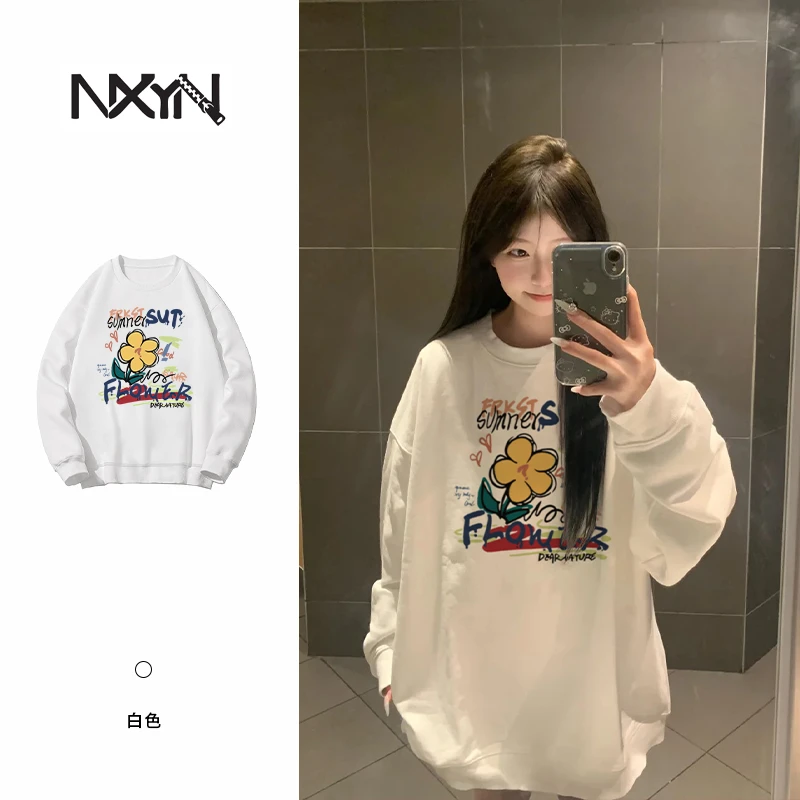 NXYN2025秋季明星同款秦岚小花落肩男女同款卫衣DJ-1581
