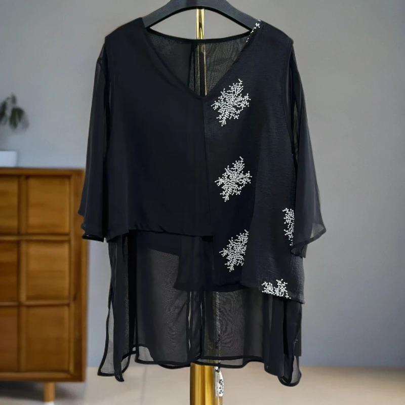 833-夏季女士上衣拼接刺绣新中式假二件套头衫舒适透气衬衫-