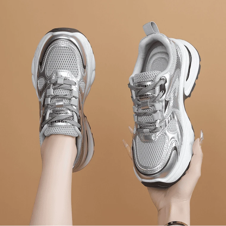 白鹿明星同款鞋银色老爹鞋女2025年新款厚底增高透气休闲运动鞋