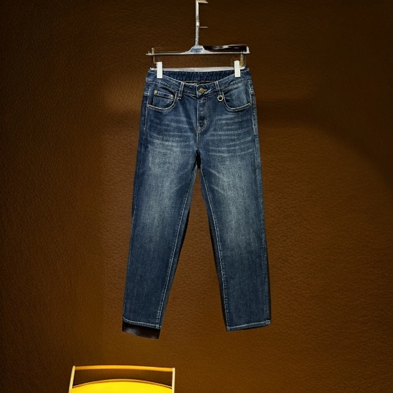 维斯克纳时尚帅气流行宽松直筒裤男士秋冬新款字母提花水洗牛仔裤